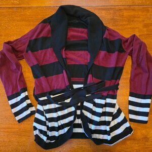 Women's Long Sleeve Stripe Open Front Cardigan Sweater Red Black White
